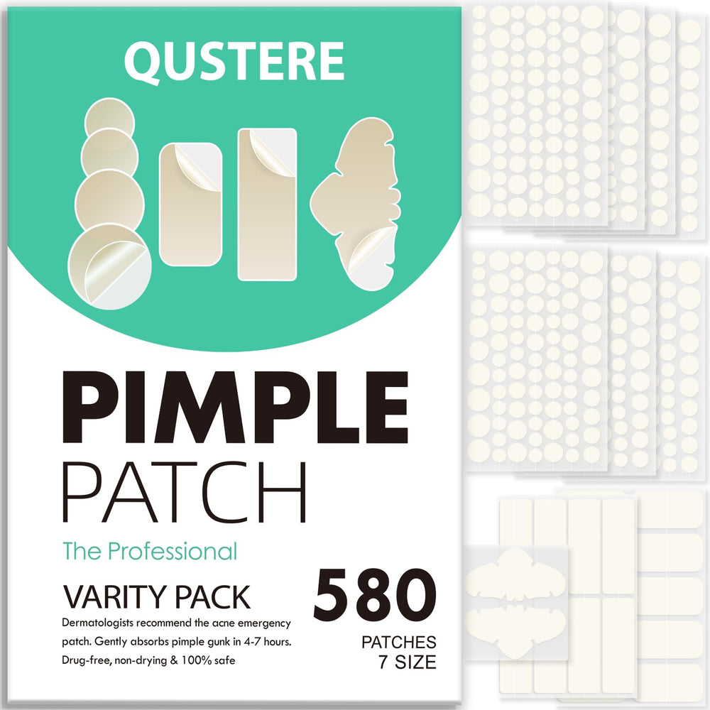 QUSTERE front packaging showing full 580-piece acne patch kit and benefits