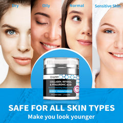 QZQETET ingredients label detail showing retinol collagen hyaluronic mix benefit