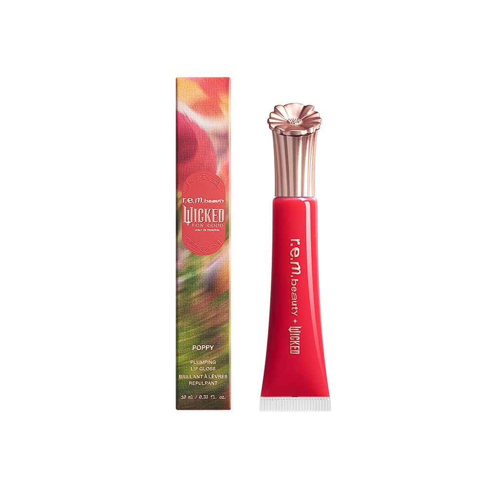 r.e.m. beauty front packaging showing Poppy Punch gloss and brand