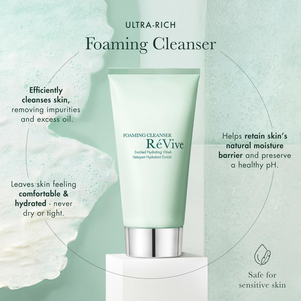 Close-up foam texture from RéVive cleanser showing gentle creamy lather