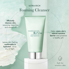 Close-up foam texture from RéVive cleanser showing gentle creamy lather