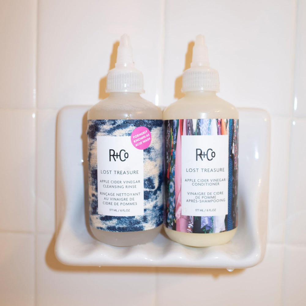 Hair with enhanced shine after R+Co rinse, showing glossy, soft-looking results and improved texture