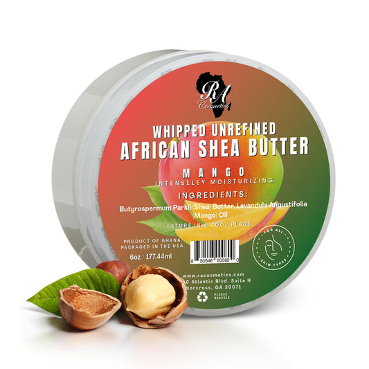 RA COSMETICS front jar label showing mango scent and 6 ounce size benefits