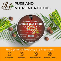 RA COSMETICS ingredients label close-up showing unrefined shea and mango extract