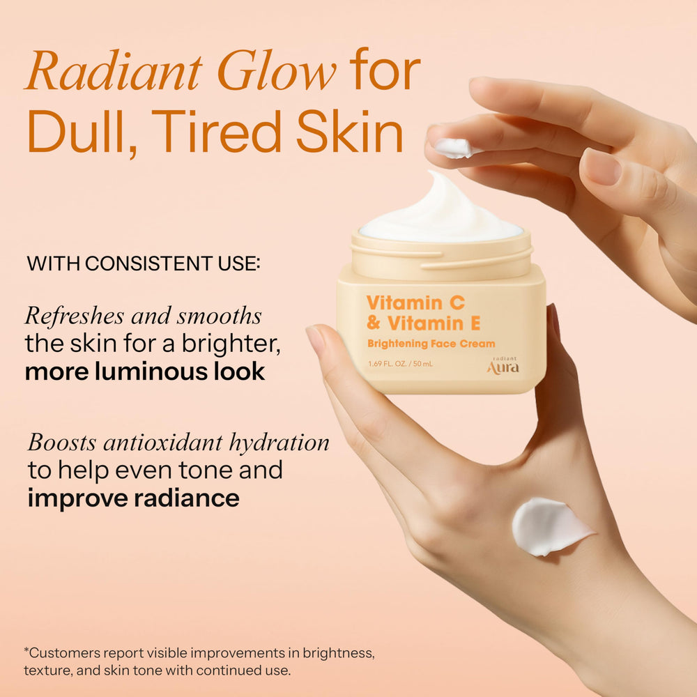 Radiant Aura moisturizer in hand showing product size and travel-friendly benefit