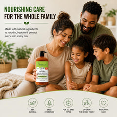 RaGaNaturals family in bathroom using lotion illustrating suitability for all ages
