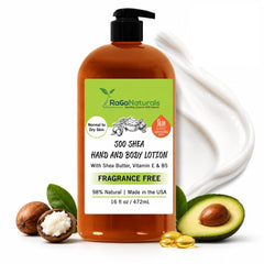 RaGaNaturals front bottle view showing 16 oz unscented lotion and clear labeling benefit