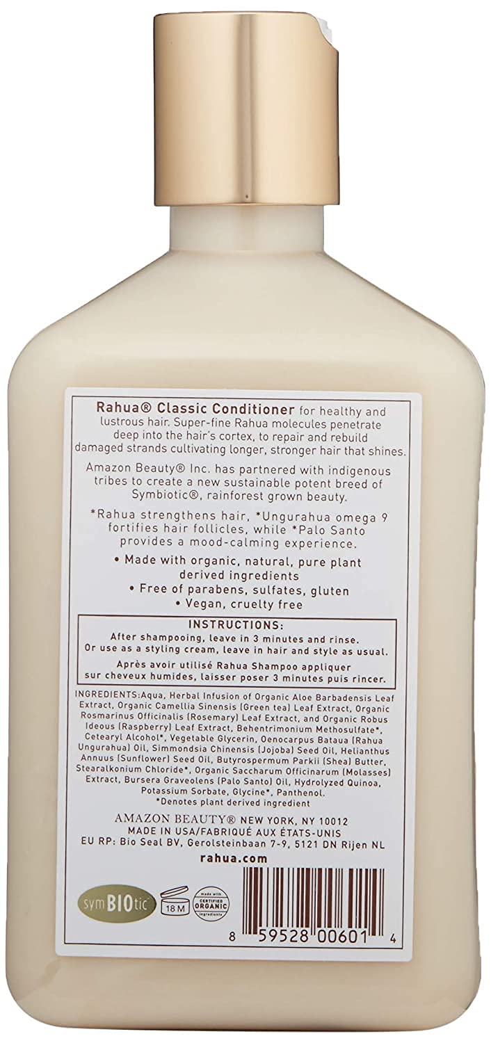 Rahua bottle styled on bathroom shelf suggesting a luxury plant-powered routine
