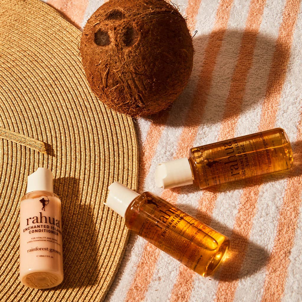 Rahua oils and botanicals display showing strengthening ingredient benefits
