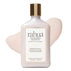 Rahua hydration shampoo front bottle showing label and tropical scent benefits