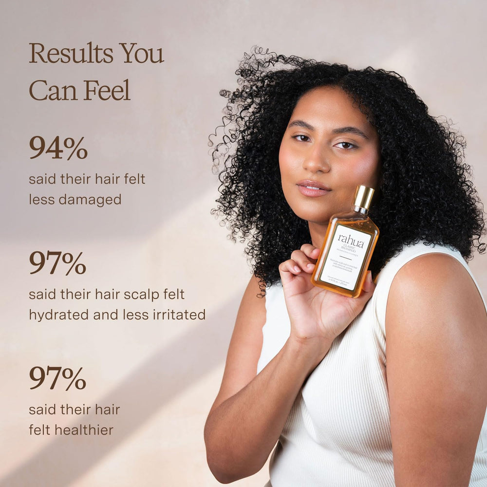 Rahua shampoo bottle in bathroom setting showing daily use convenience benefit