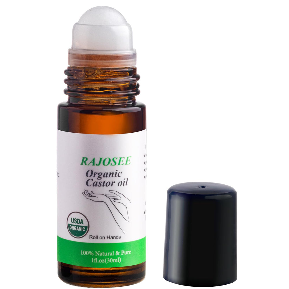 RAJOSEE front view of amber glass roll-on showing label and size, convenient use