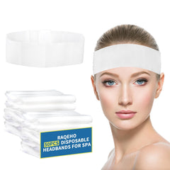 RAQEHO front packaging showing 50 disposable headbands and clear labeling benefit