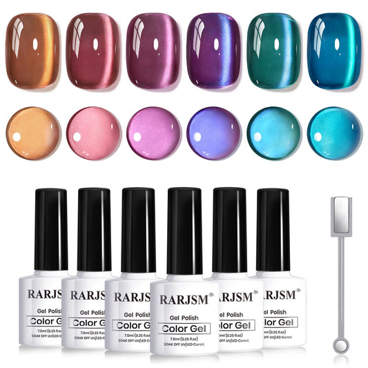 RARJSM front set packaging showing six shimmering cat-eye gel bottles, professional result