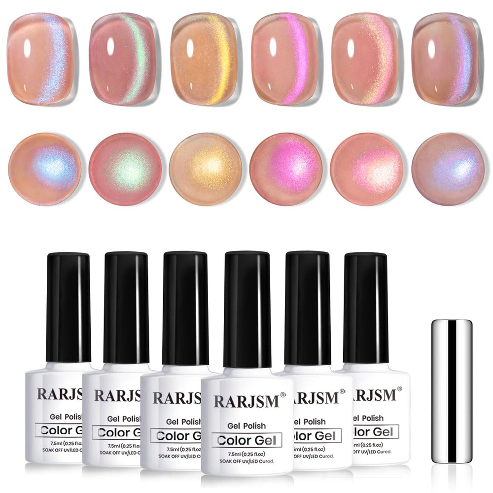 RARJSM front packaging showing six glitter cat eye bottles and included magnet for easy selection