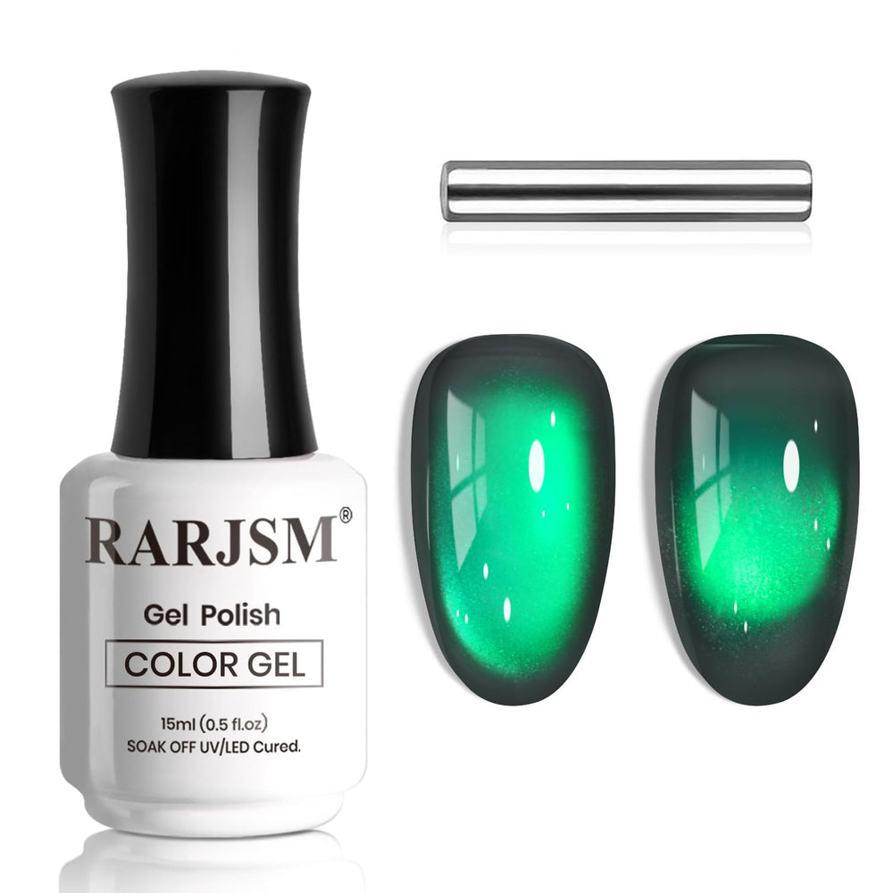 RARJSM bottle front view showing dark emerald cat eye finish, vibrant and precise