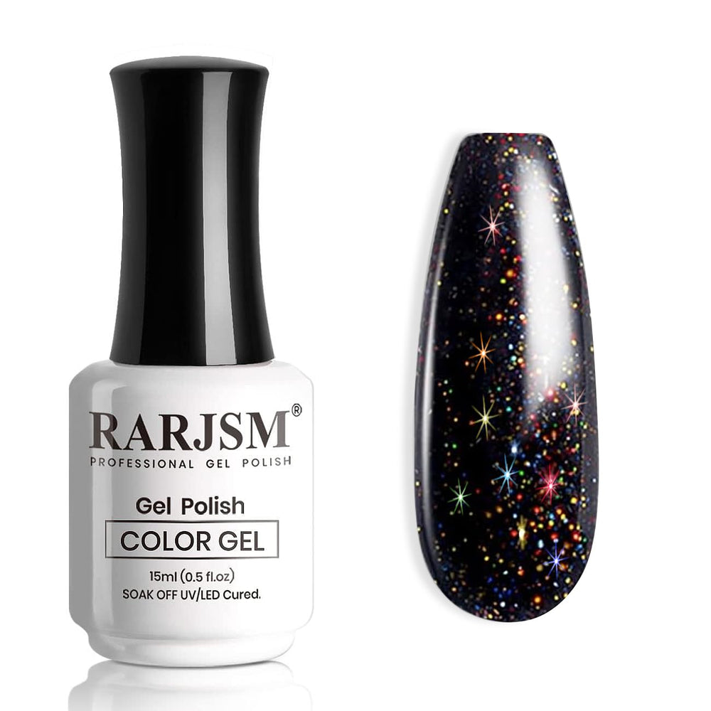 RARJSM front bottle showing black glitter polish and shimmer benefits