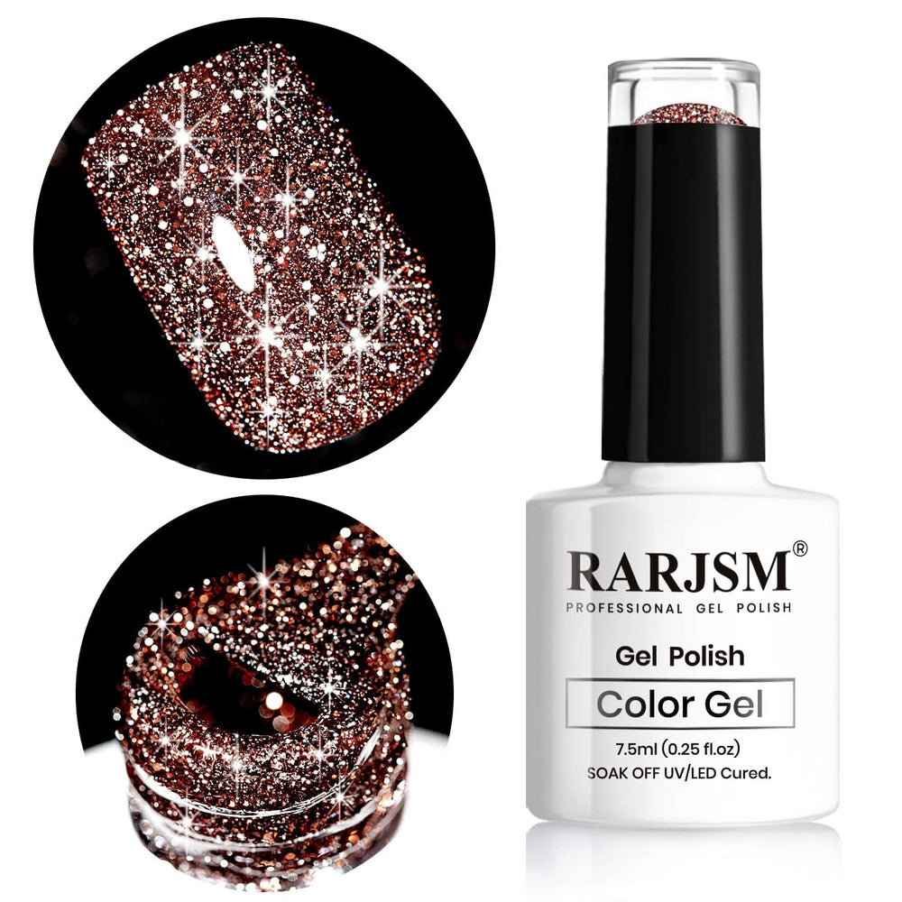 RARJSM bottle front view showing caramel brown glitter polish and glossy benefit