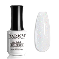 RARJSM front bottle showing milky nude glitter polish and label benefit long-lasting shine