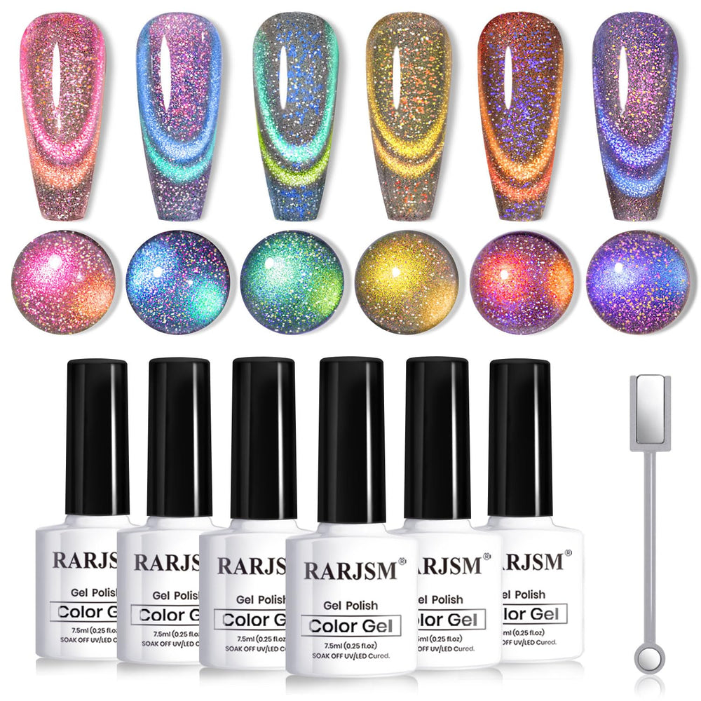 RARJSM front view of six chameleon gel bottles showing color range and payoff