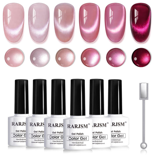 RARJSM front packaging showing six pink cat-eye gel bottles, showcases set versatility