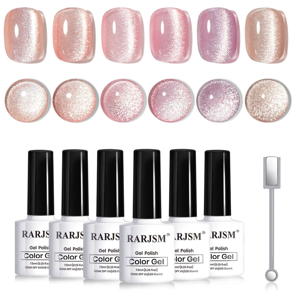 RARJSM front packaging showing six nude cat eye gel bottles and magnet stick benefit easy selection