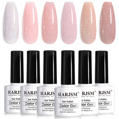 RARJSM front packaging showing six nude glitter gel bottles and set benefit