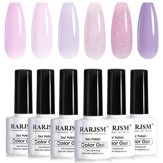 RARJSM front packaging showing six nude purple glitter bottles and set benefit