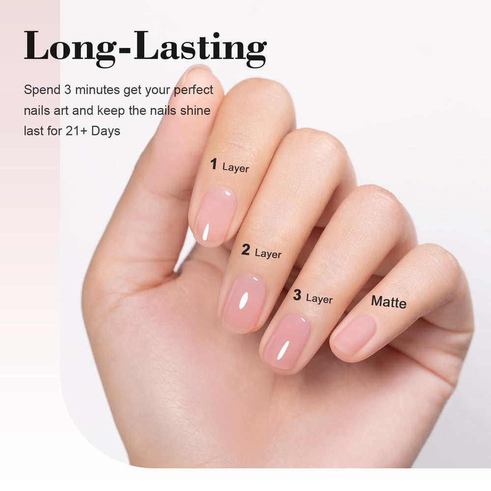 RARJSM cured manicure on hand showing natural nude finish and long-wear benefit
