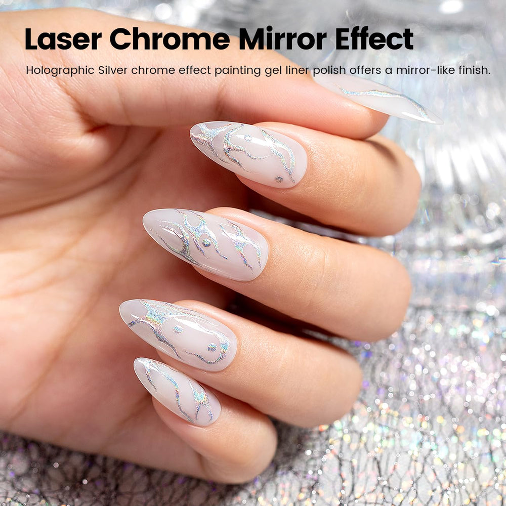 RARJSM holographic silver stroke on a nail showcasing mirror shine and reflective depth