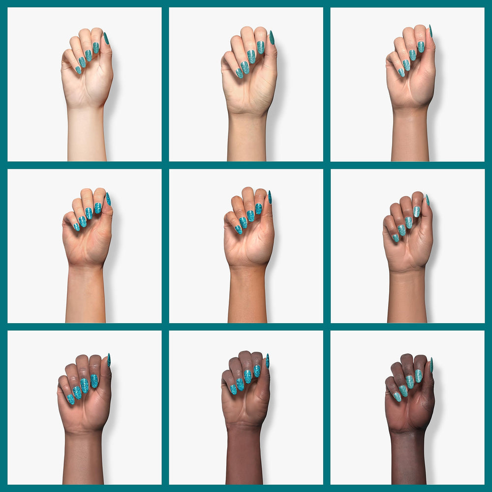 RARJSM swatch on nails hand showing vibrant mermaid-blue finish benefit