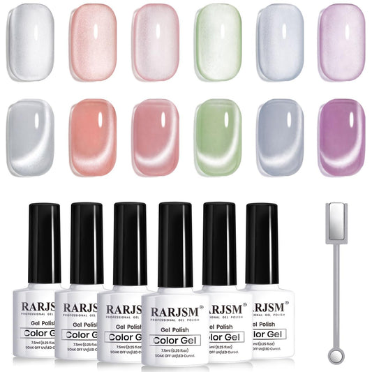 RARJSM packaging front showing six cat eye gel bottles and magnetic stick benefit: complete kit