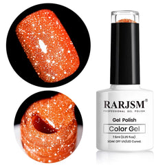 RARJSM bottle front view showing neon orange polish and clear labeling benefit long-lasting color