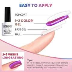 RARJSM manicure on hand beside bottles for scale showing bottle size and finished look