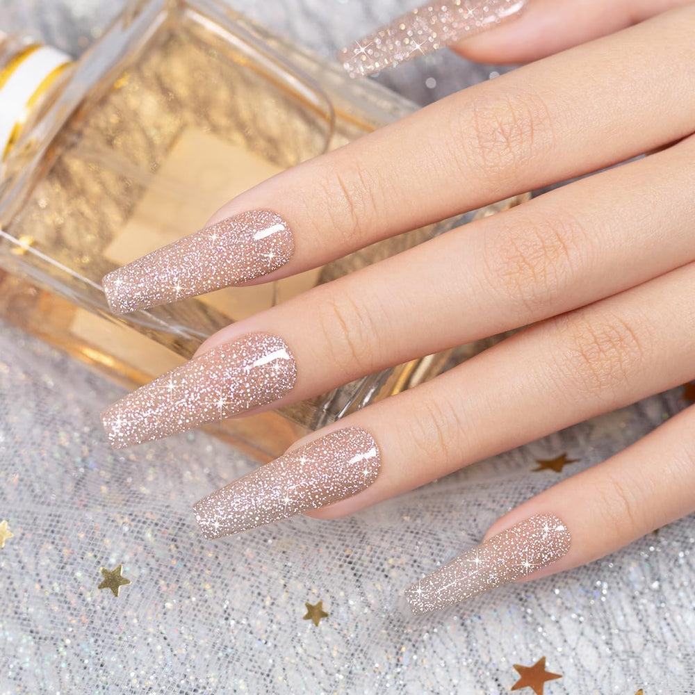 RARJSM swatch on fingers displaying reflective glitter and natural-looking nude finish