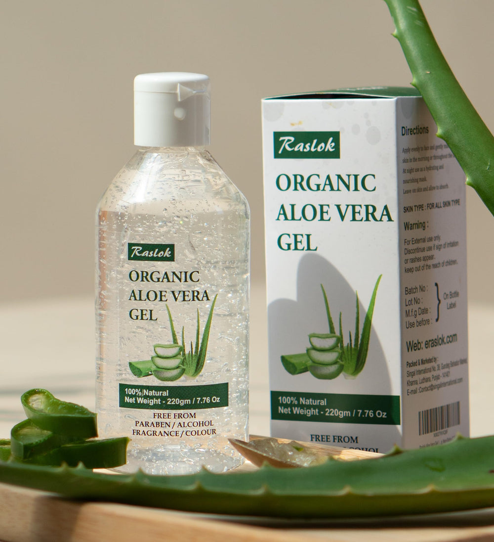 Raslok aloe vera gel next to hand showing 7.7 oz size and travel-friendly convenience