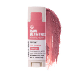 Raw Elements pink lip shimmer front tube showing compact size and SPF benefit