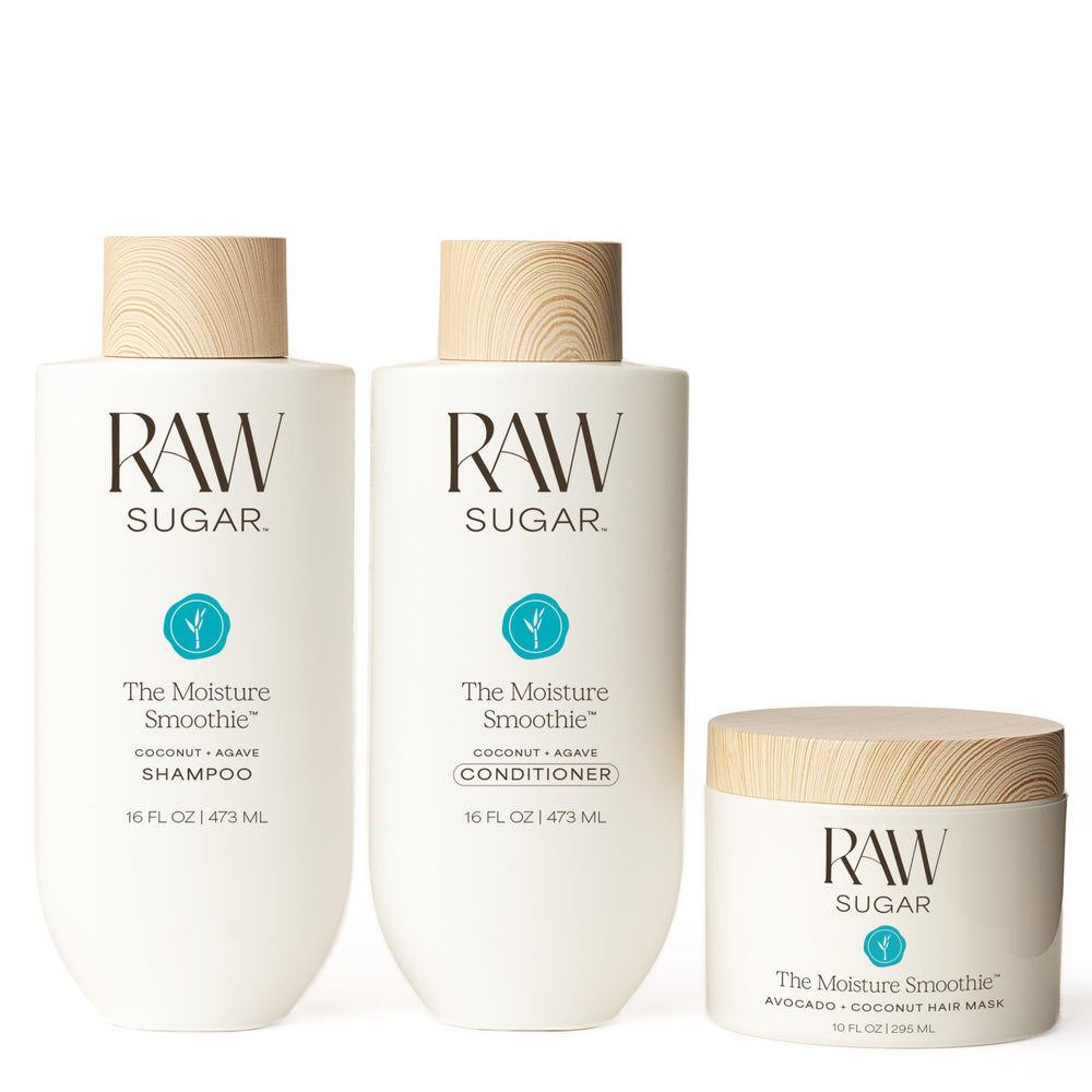 RAW SUGAR bundle front packaging showing trio for hydrated hair benefits