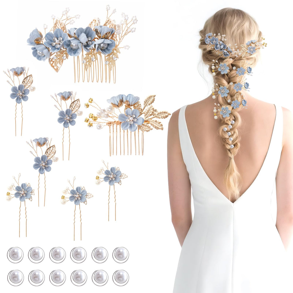 Rbenxia packaging showing dusty blue bridal hair set and contents for ready use