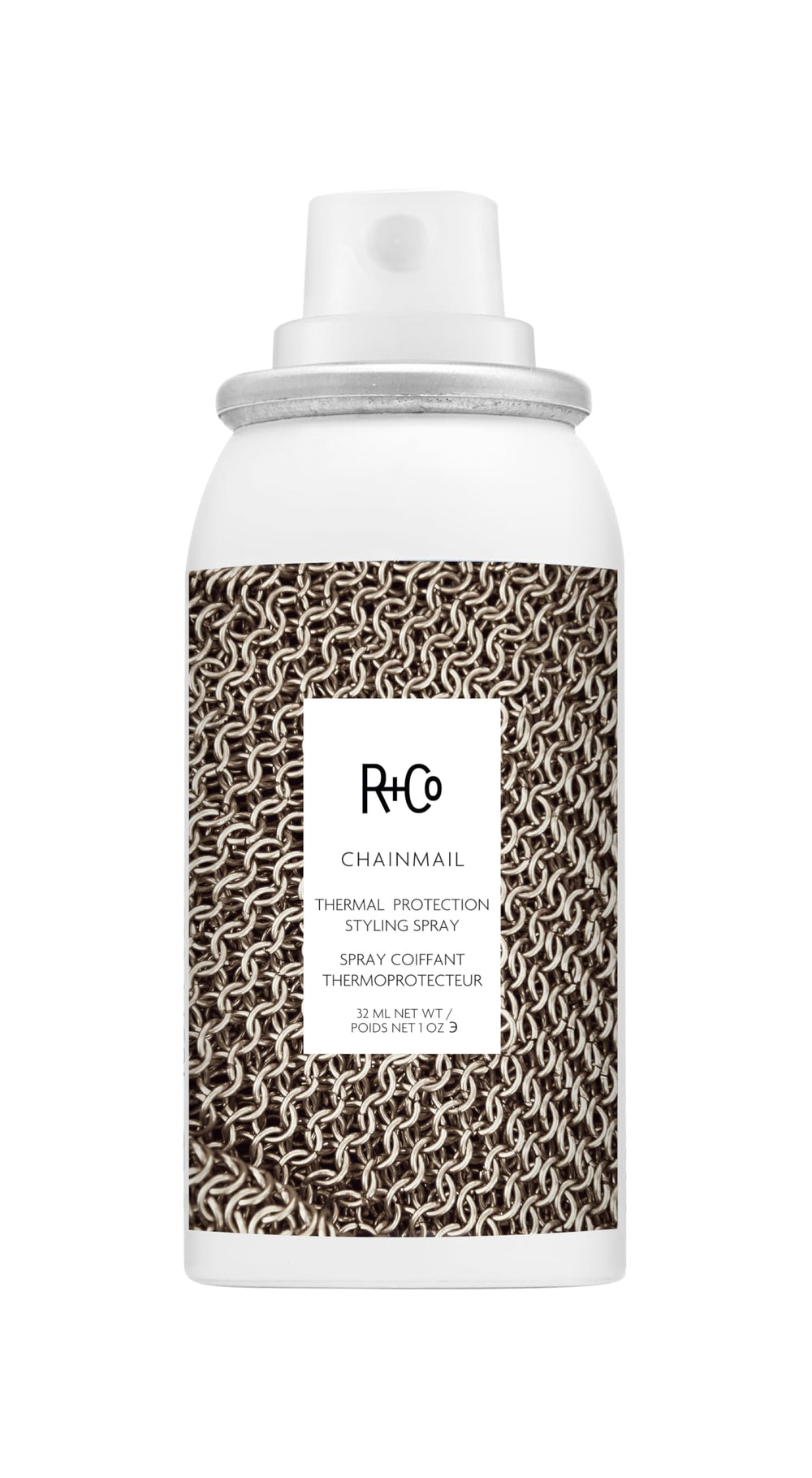 R+Co Chainmail front packaging shows bottle and benefits, lightweight protection