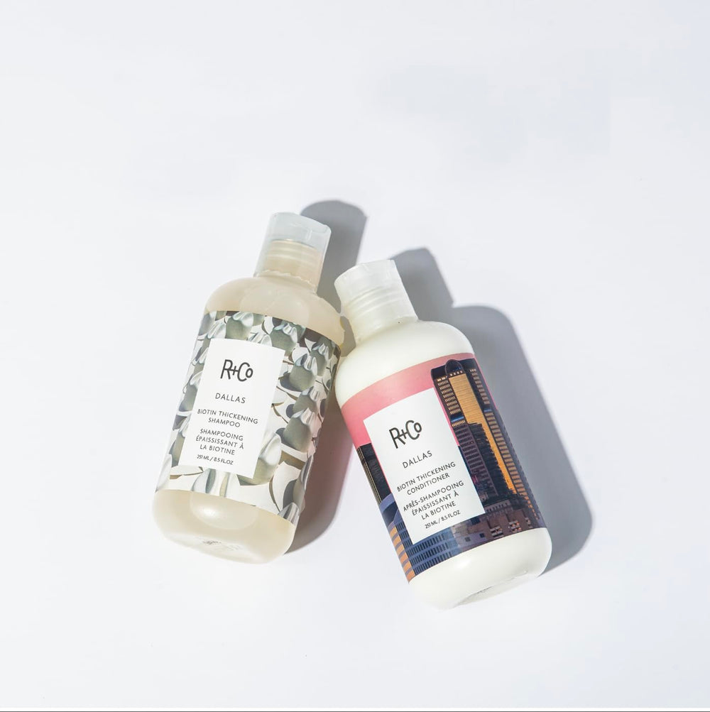 R+Co Dallas conditioner results on hair after use showing increased volume and glossy finish