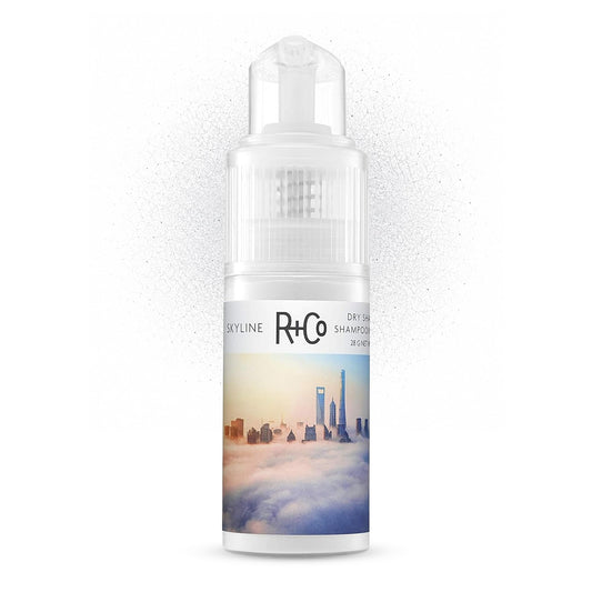 R+Co Skyline front packaging showing compact 1 oz bottle and branding for travel convenience