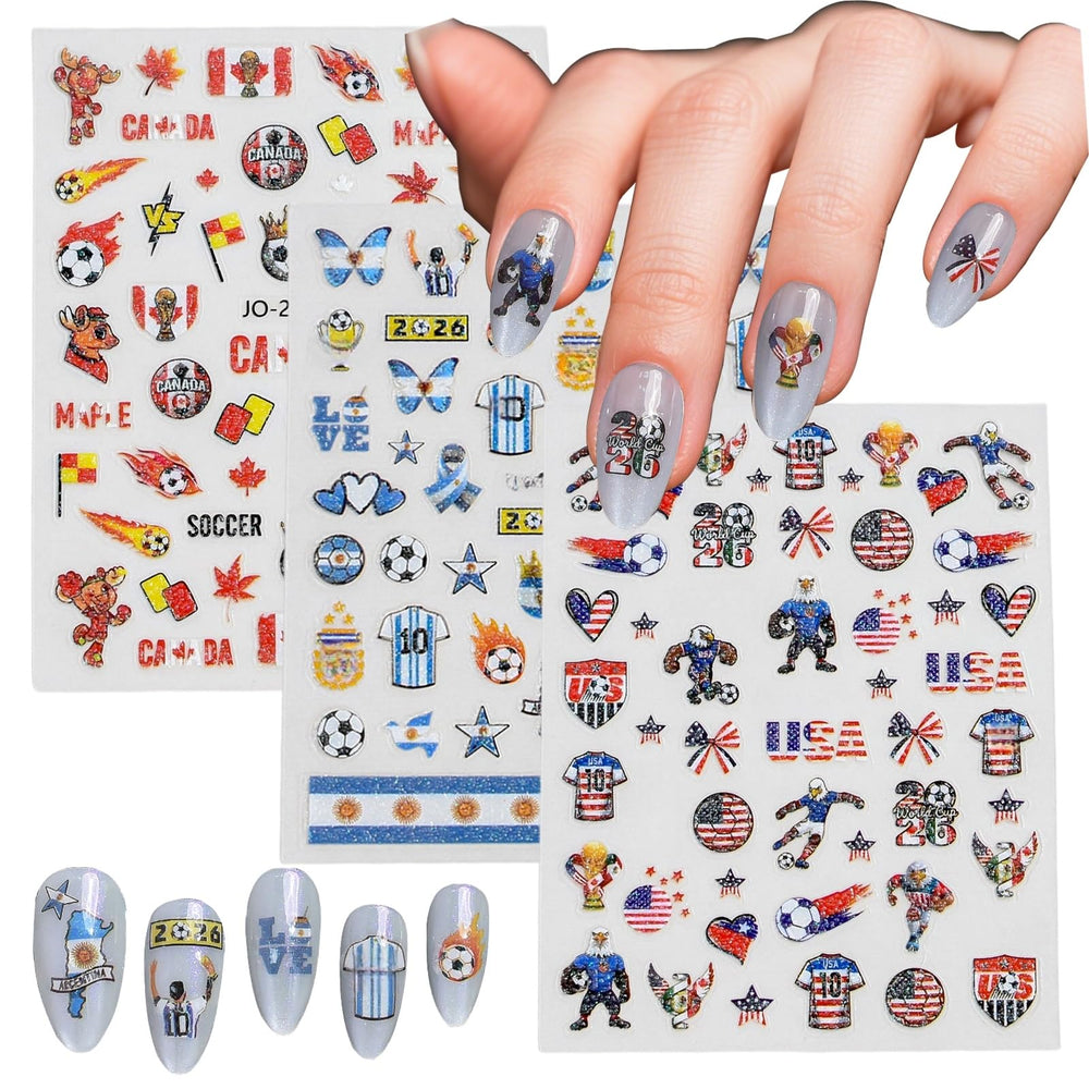 Rdntbeu front packaging showing three soccer nail sticker sheets and brand for easy selection