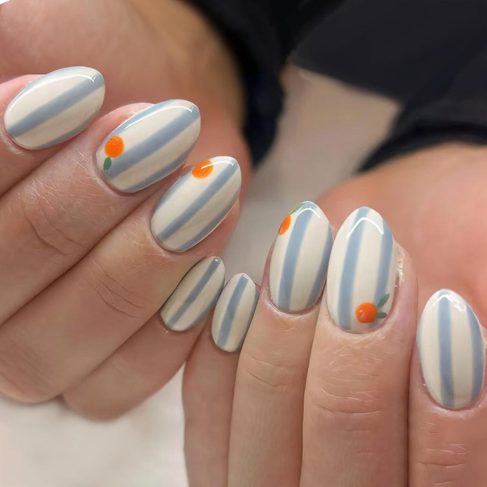 Rdntbeu front packaging showing 24 glossy striped nails and box for neat storage