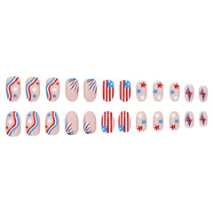 Rdntbeu model wearing patriotic press-on nails showing finished manicure for holiday events