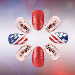 Rdntbeu nails worn on hands showing finished patriotic manicure for celebrations