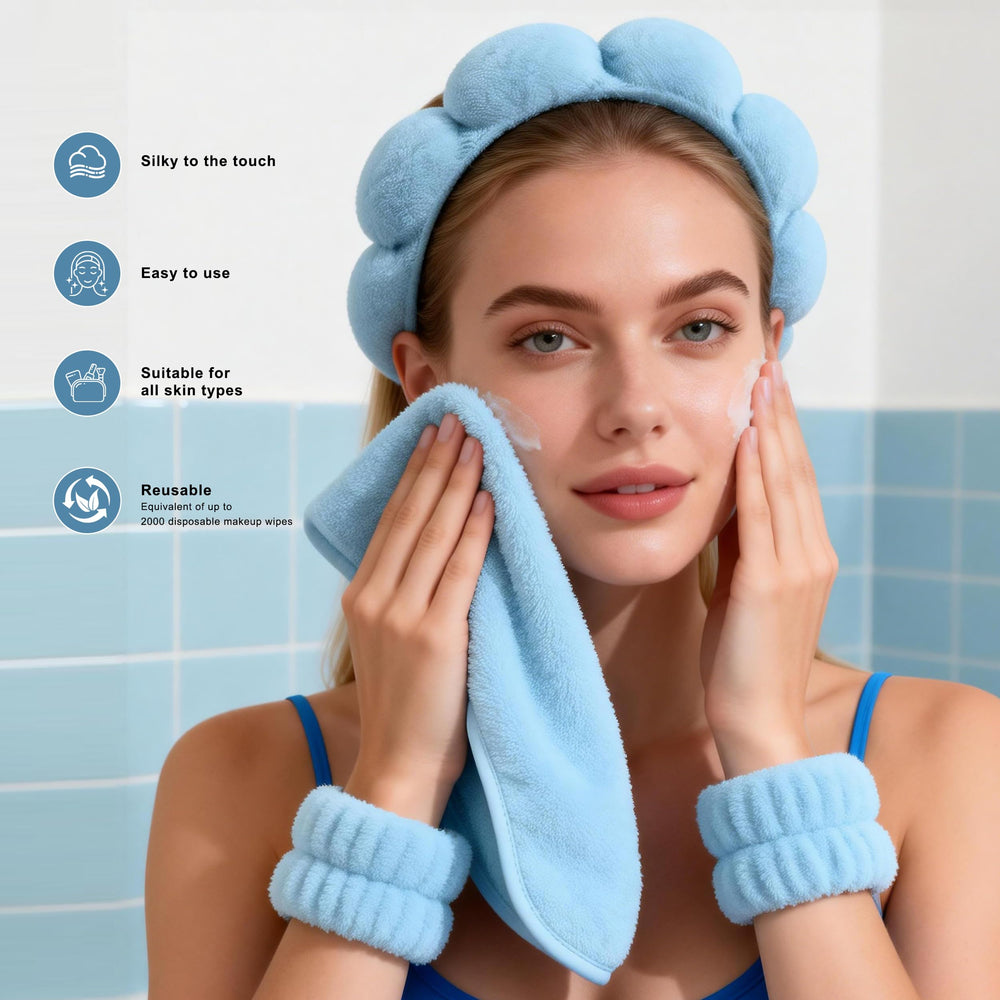 Real Perfection headband worn during facial routine for comfortable hold