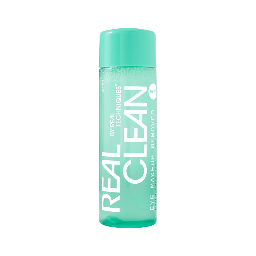 Real Techniques bottle front view showing clear bi-phase formula and packaging benefit