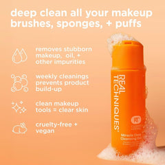 Real Techniques cleaning in use with brush and sponge showing improved tool hygiene