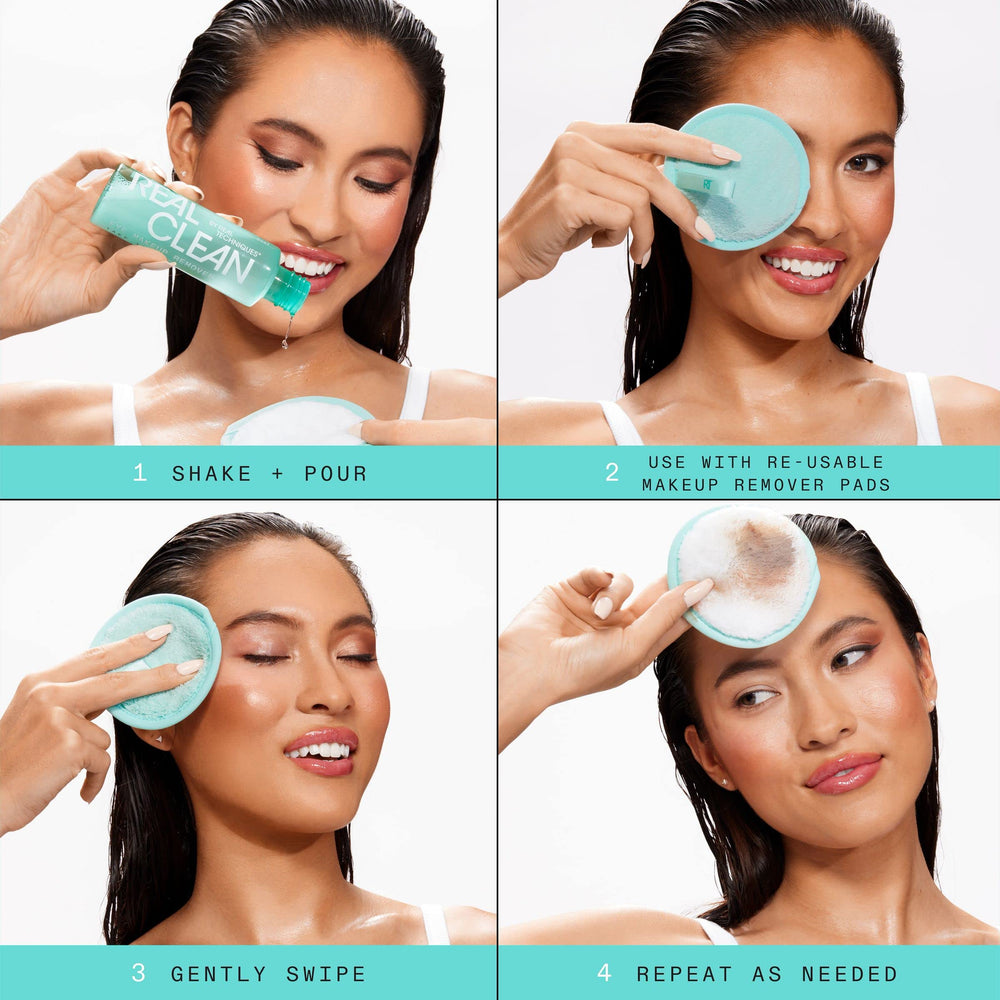 Real Techniques pad application on closed eye showing no-tug gentle removal benefit